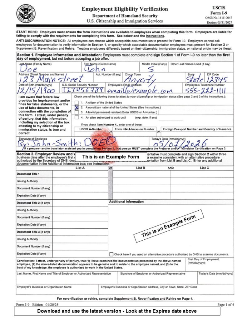 I-9, W-4, and G-4 Tax Forms — Example Images
